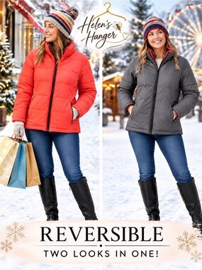 New York & Company Reversible Down Puffer Winter Jacket Coral Gray L